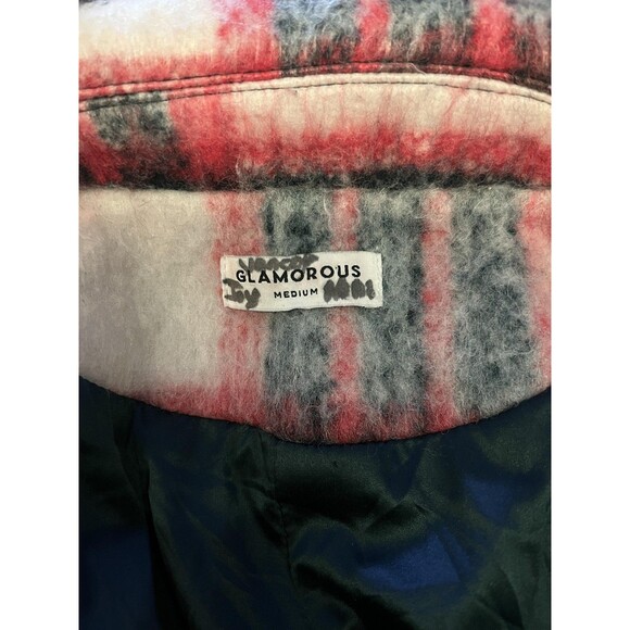 Glamorous Coat Womens Medium Pink Navy Cream Plaid Wool Blend Long Lined Boucle - Picture 8 of 10